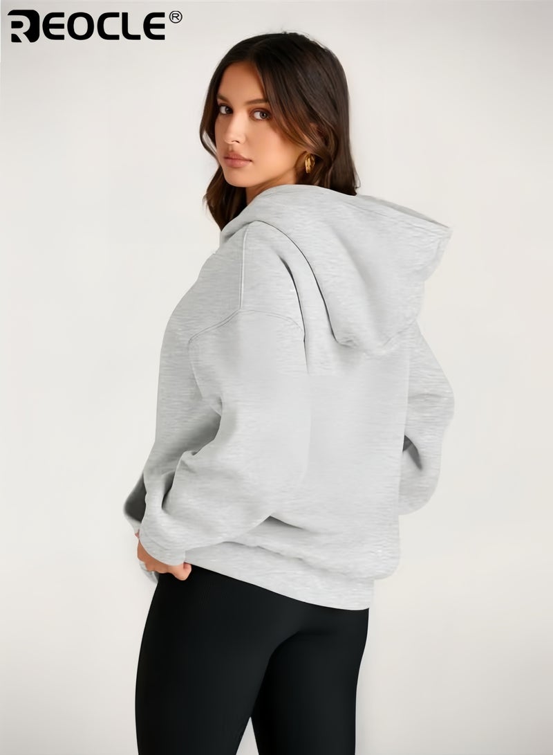 REOCLE Women's Oversized Hoodie with Fleece Lining and Pullover Design Cozy Sweatshirt with Kangaroo Pocket for Fall Winter Fashion - Image 3